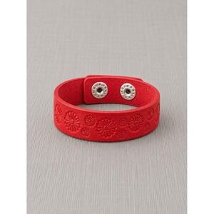 Red Leather Floral Embossed Cuff Bracelet Daisy Snap Button Closure Boho Style